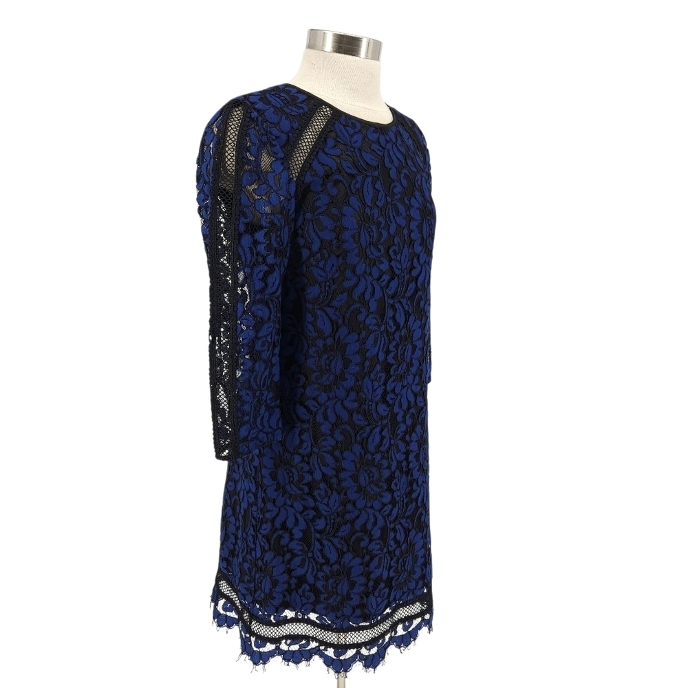 Eliza J Fit Flare Dress Blue Black Lace Sheer 3/4 Sleeve Zip Back Lined 8 - Picture 3 of 8
